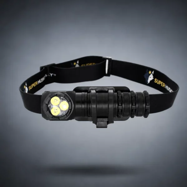 Lampe frontale rechargeable Super Husky LITE300 avec éclairage LED, bandeau ajustable et format détachable pour usage outdoor, atelier et déplacements.