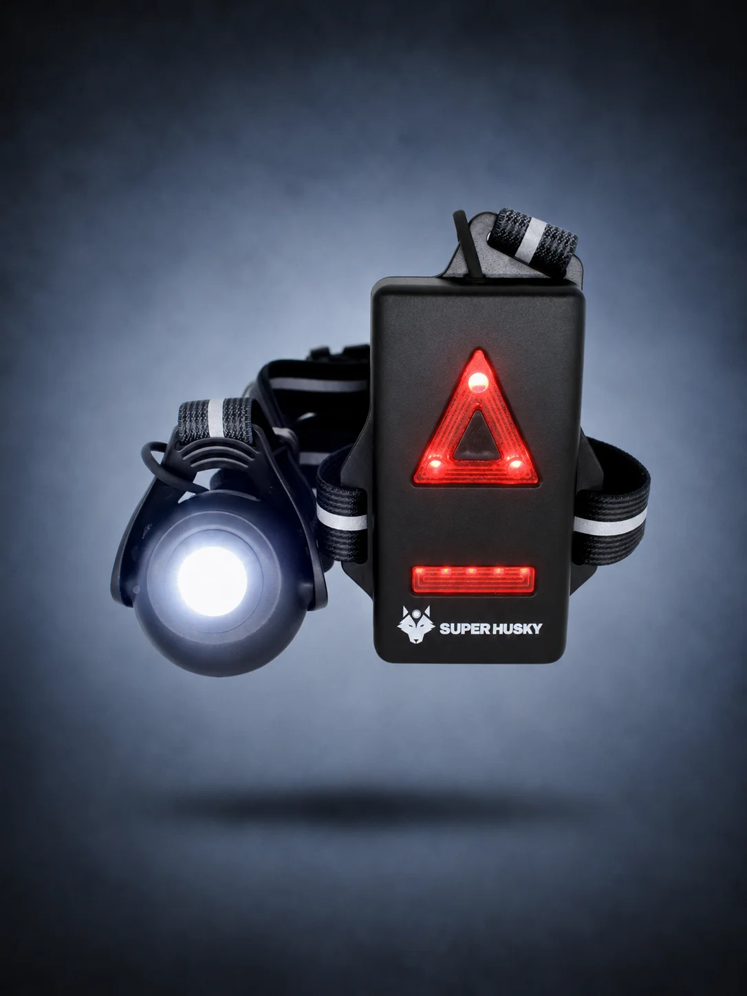 Éclairage running torse Super Husky RUN700 avec LED avant allumée, feu rouge arrière et harnais réglable pour course nocturne.