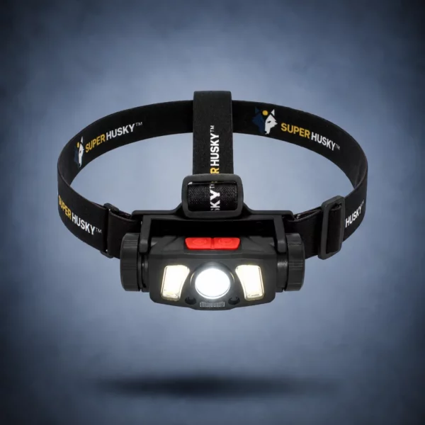 Lampe frontale rechargeable Super Husky HYBRID600 allumée avec bandeau ajustable, éclairage LED central et COB latéraux pour vélo, outdoor et déplacements nocturnes.
