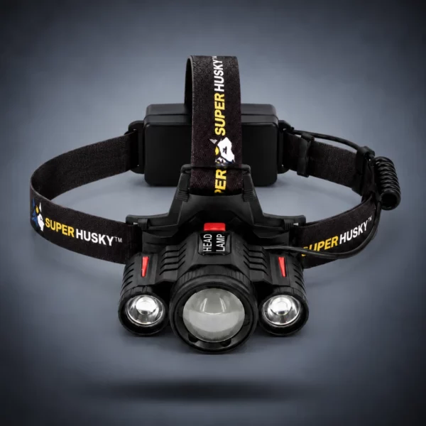 Lampe frontale Super Husky SPORT400 avec trois optiques LED, bandeau réglable et boîtier batterie arrière.