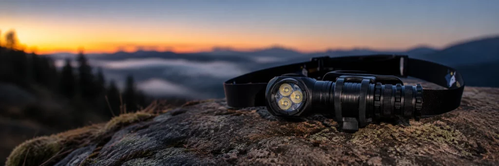 Lampe frontale outdoor posée sur un rocher au crépuscule pour illustrer comment choisir sa lampe frontale.