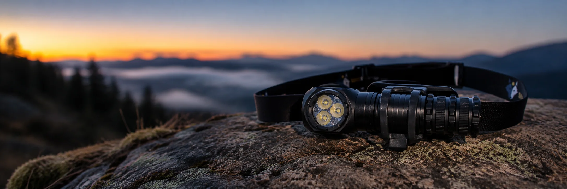 Lampe frontale outdoor posée sur un rocher au crépuscule pour illustrer comment choisir sa lampe frontale.