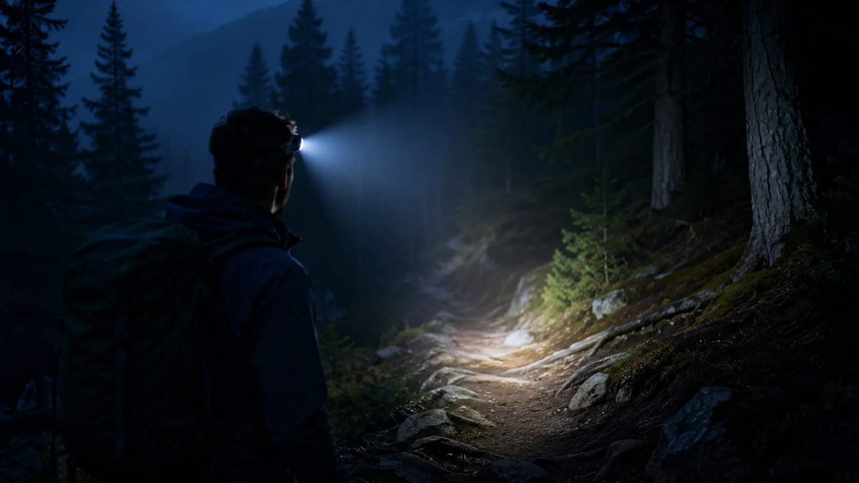 Faisceau lumineux d’une lampe frontale éclairant un sentier de randonnée en forêt de nuit.