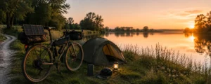 Cycliste en bikepacking utilisant un panneau solaire portable pour rester autonome en énergie lors d'un bivouac.