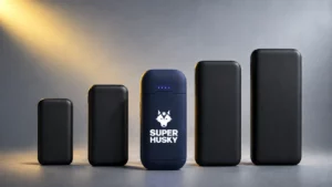Batterie externe Super Husky Outdoor placée au centre de plusieurs batteries externes de tailles différentes pour illustrer le choix de capacité en mAh.